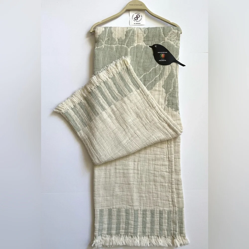 🎁Piscatextil Throw Blanket 100% Cotton Mint Green & Oatmeal in Large Blooms